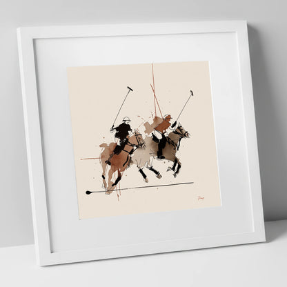 Midfield Charge polo horse art print in white frame