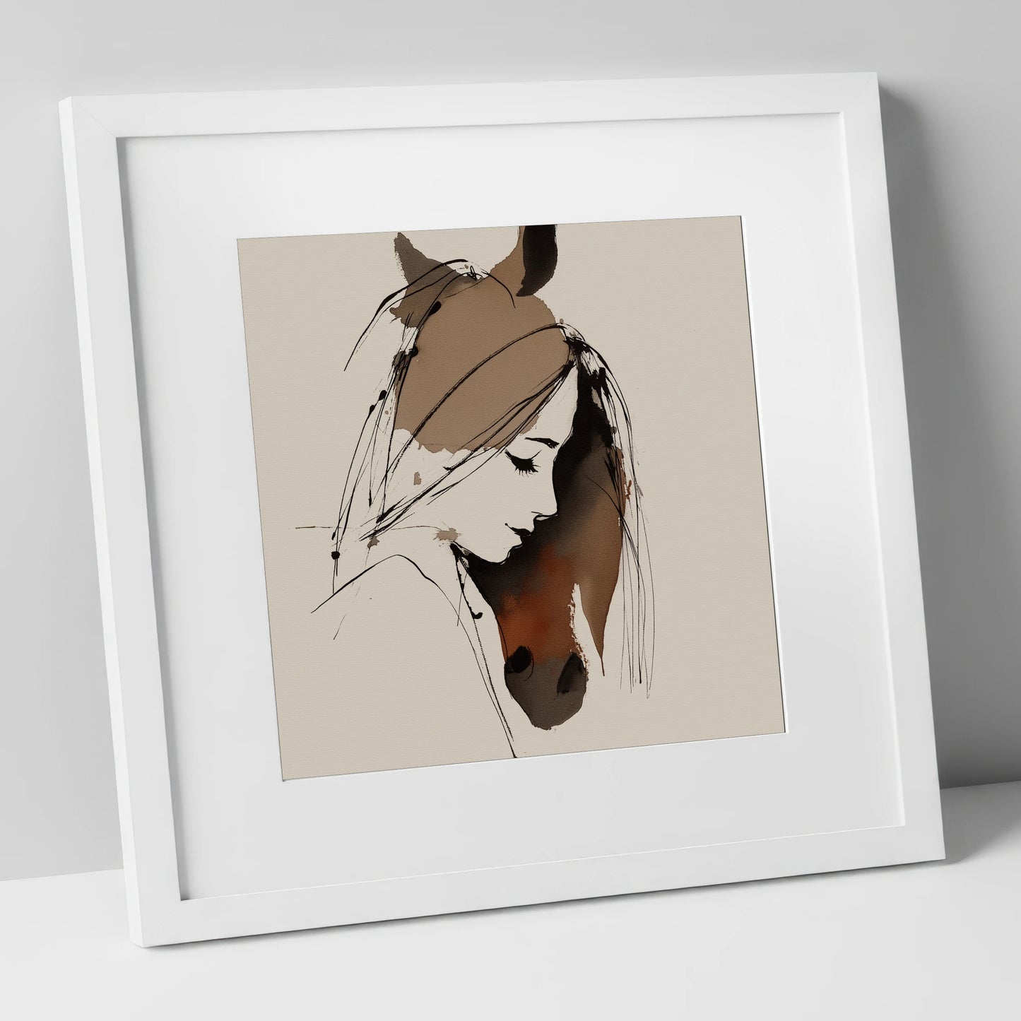 Intertwined Spirits horse & rider art print in white frame