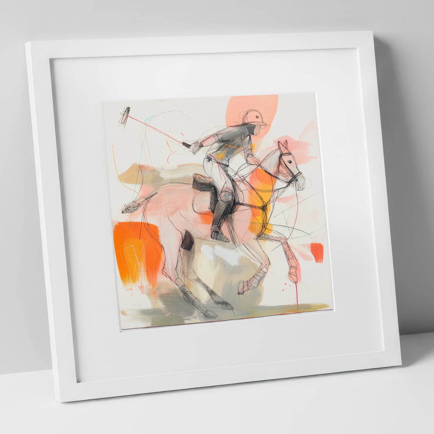 The Decisive Swing polo horse art print in white frame