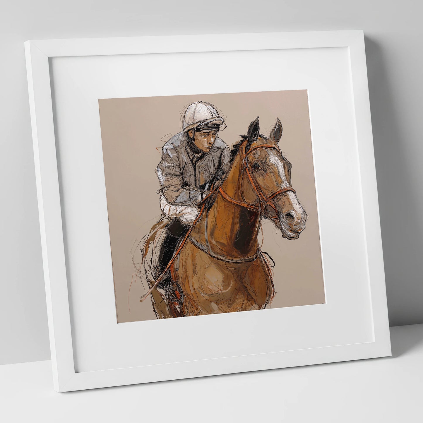 Moments Before the Off racing horse art print in white frame