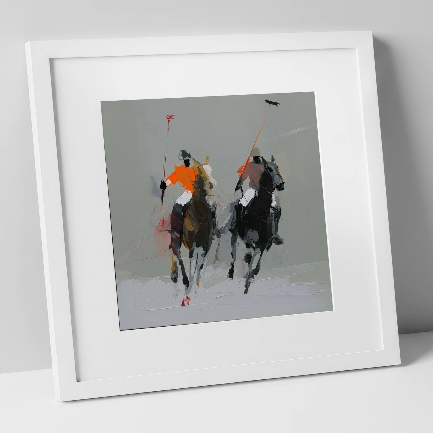 The Breakaway polo horse art print in white frame