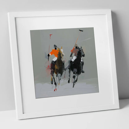The Breakaway polo horse art print in white frame
