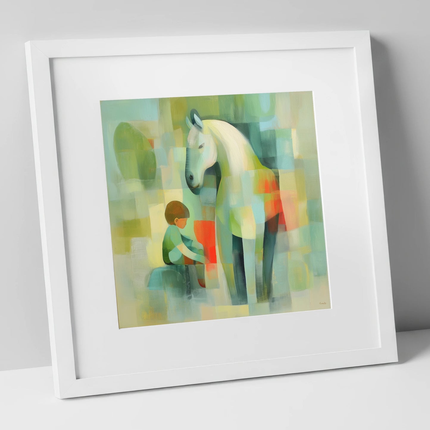 The Quiet Companion horse & rider art print in white frame