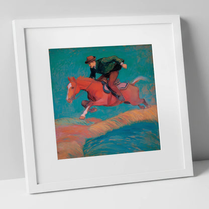 The Bold Leap show jumping horse art print in white frame