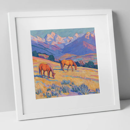 Grazing Beneath Violet Peaks horse landscape art print in white frame