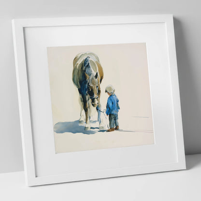 Quiet Understanding horse & rider art print in white frame