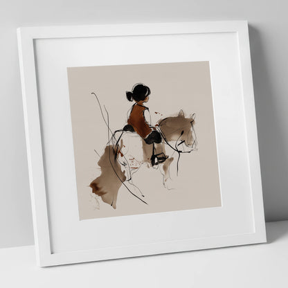 The Little Equestrian horse & rider art print in white frame