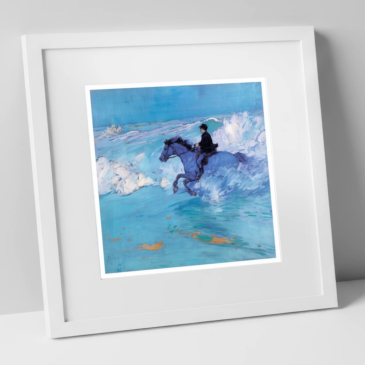 The Azure Tide beach horse art print in white frame