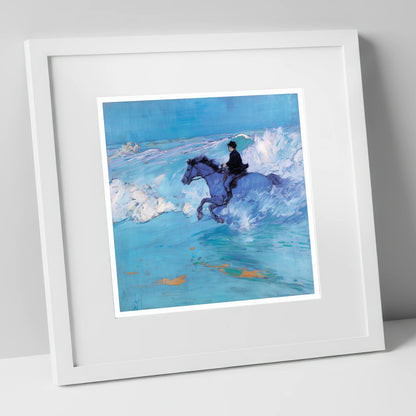 The Azure Tide beach horse art print in white frame