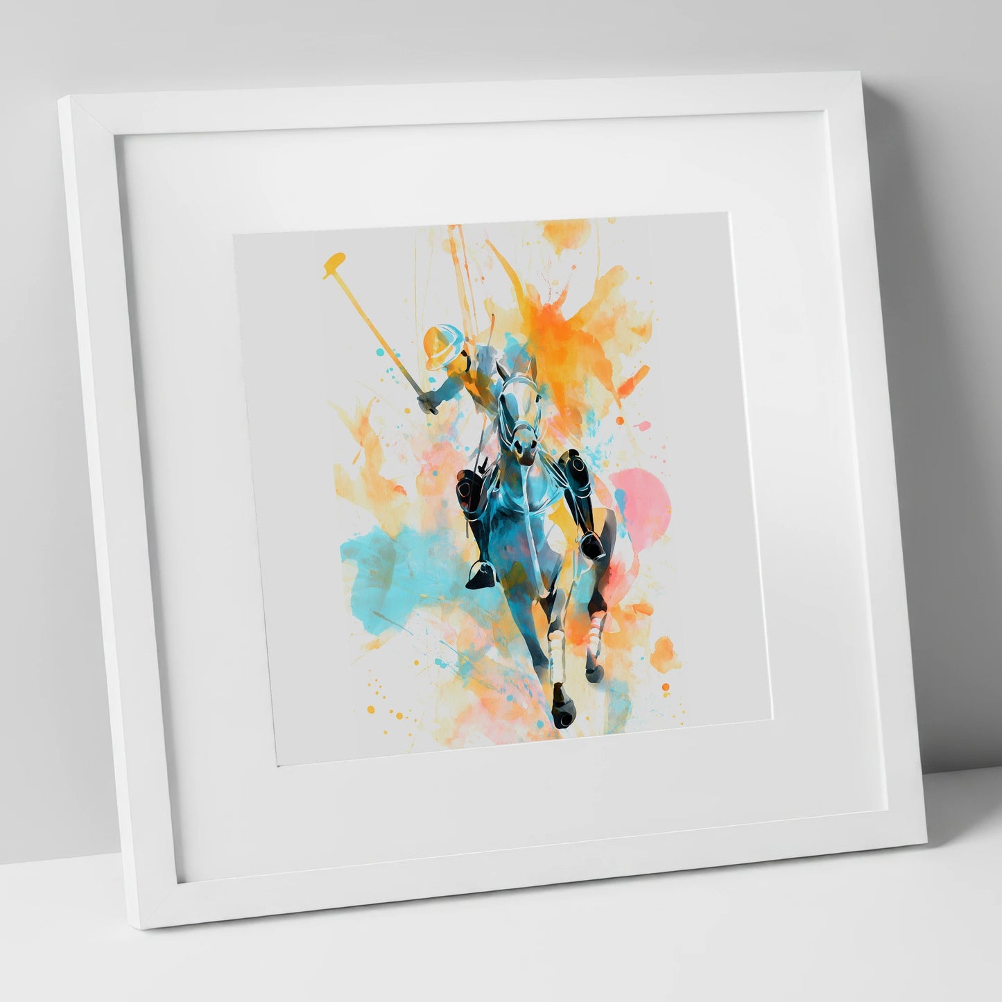 The Decisive Strike polo horse art print in white frame