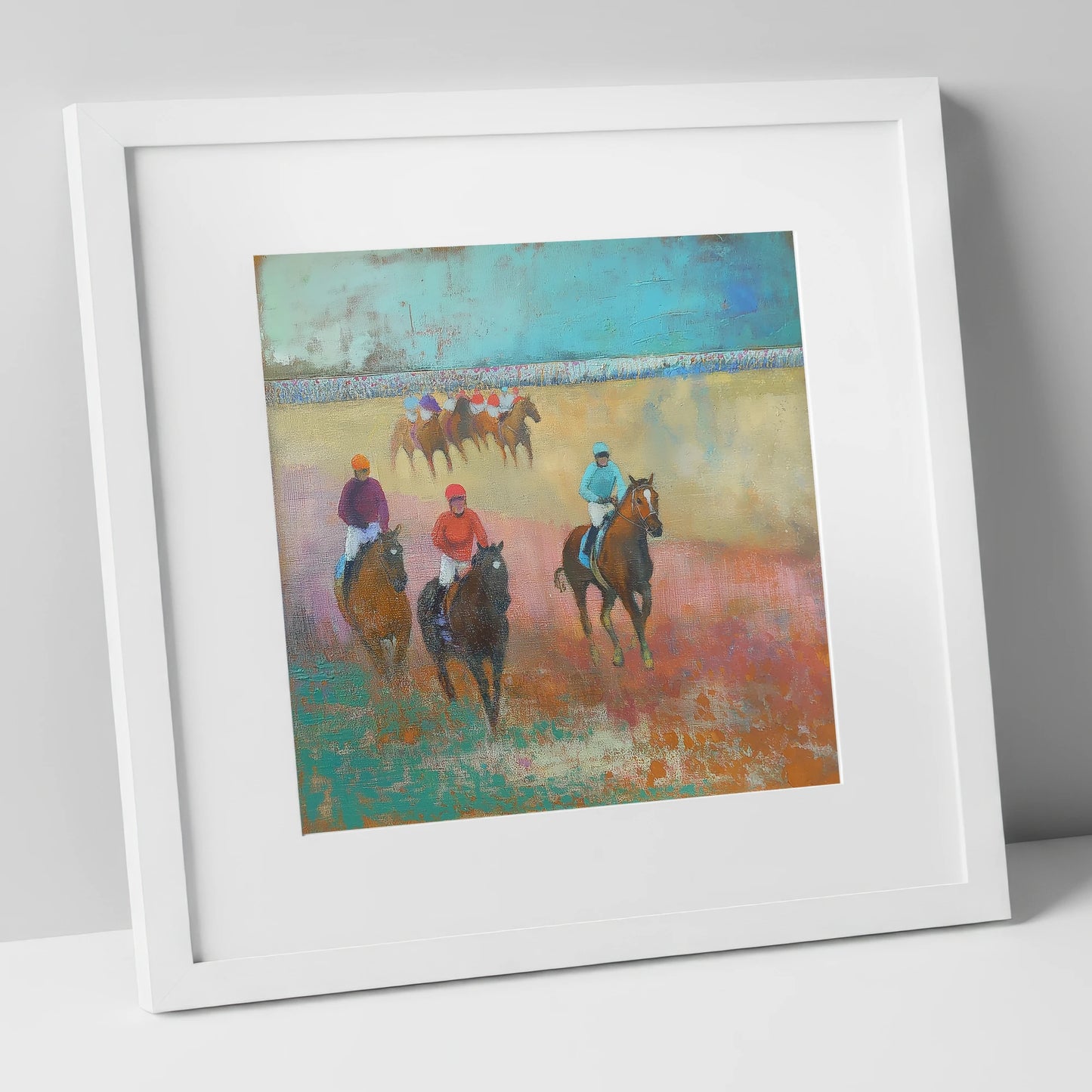 Silks Across the Furlong racing horse art print in white frame