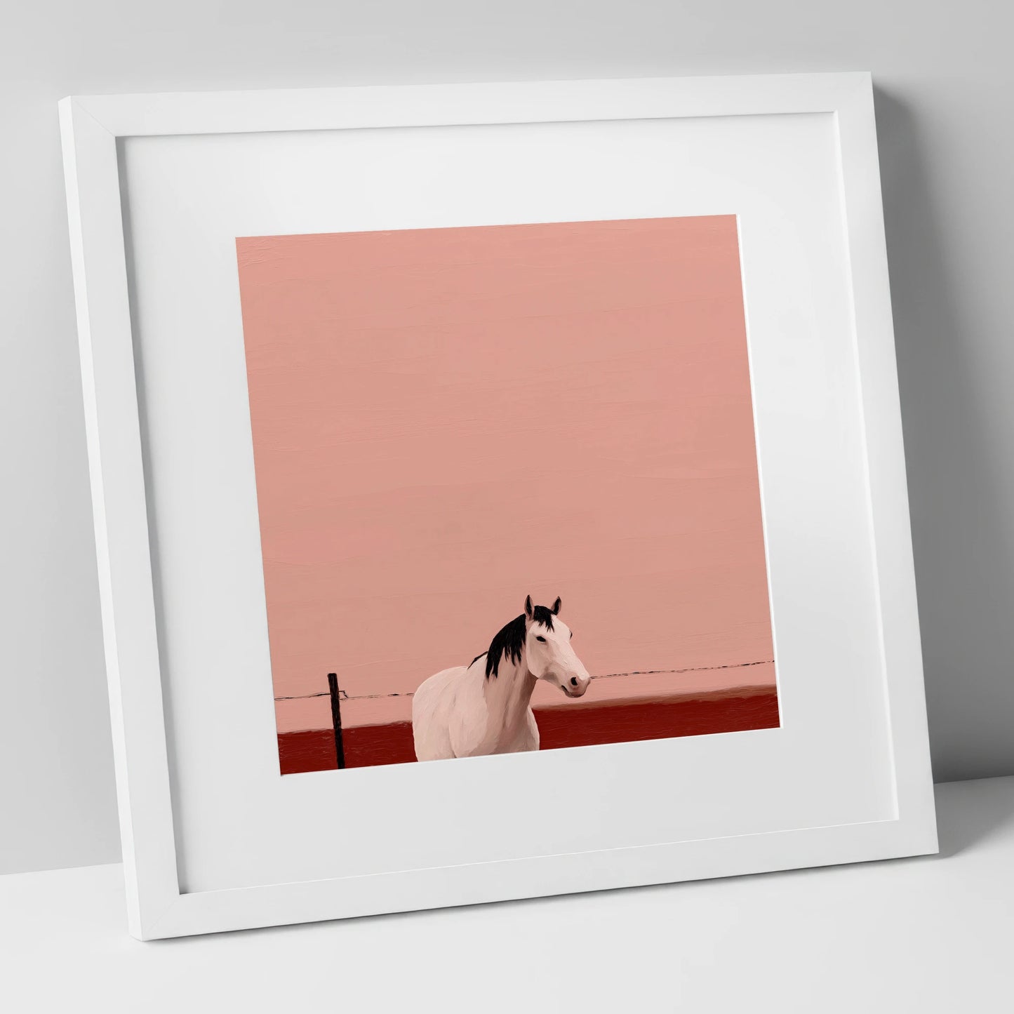 Dusty Rose Horizon horse portrait art print in white frame