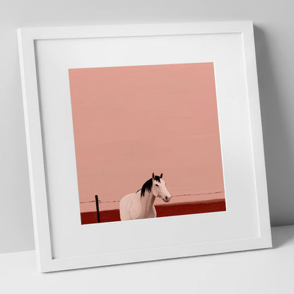 Dusty Rose Horizon horse portrait art print in white frame