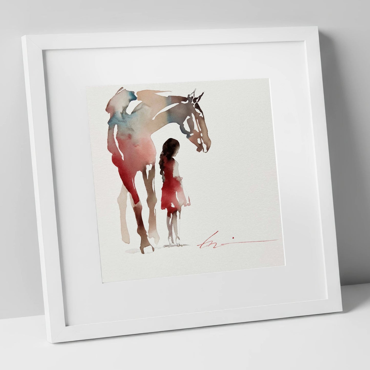 Silent Bond horse & rider art print in white frame