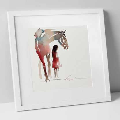 Silent Bond horse & rider art print in white frame