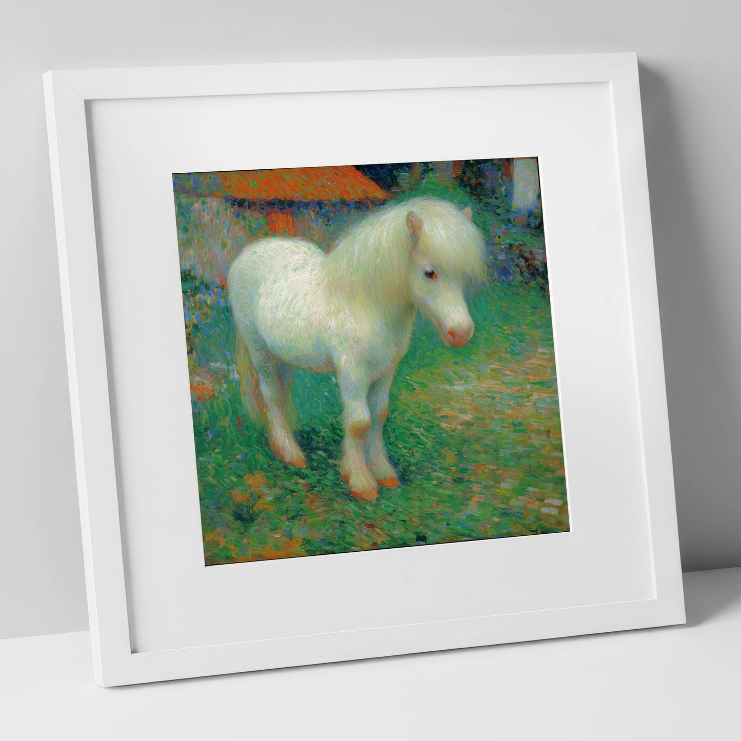 Sunlit White Pony horse breed art print in white frame
