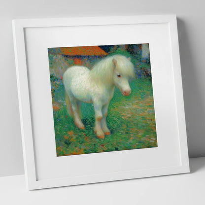 Sunlit White Pony horse breed art print in white frame