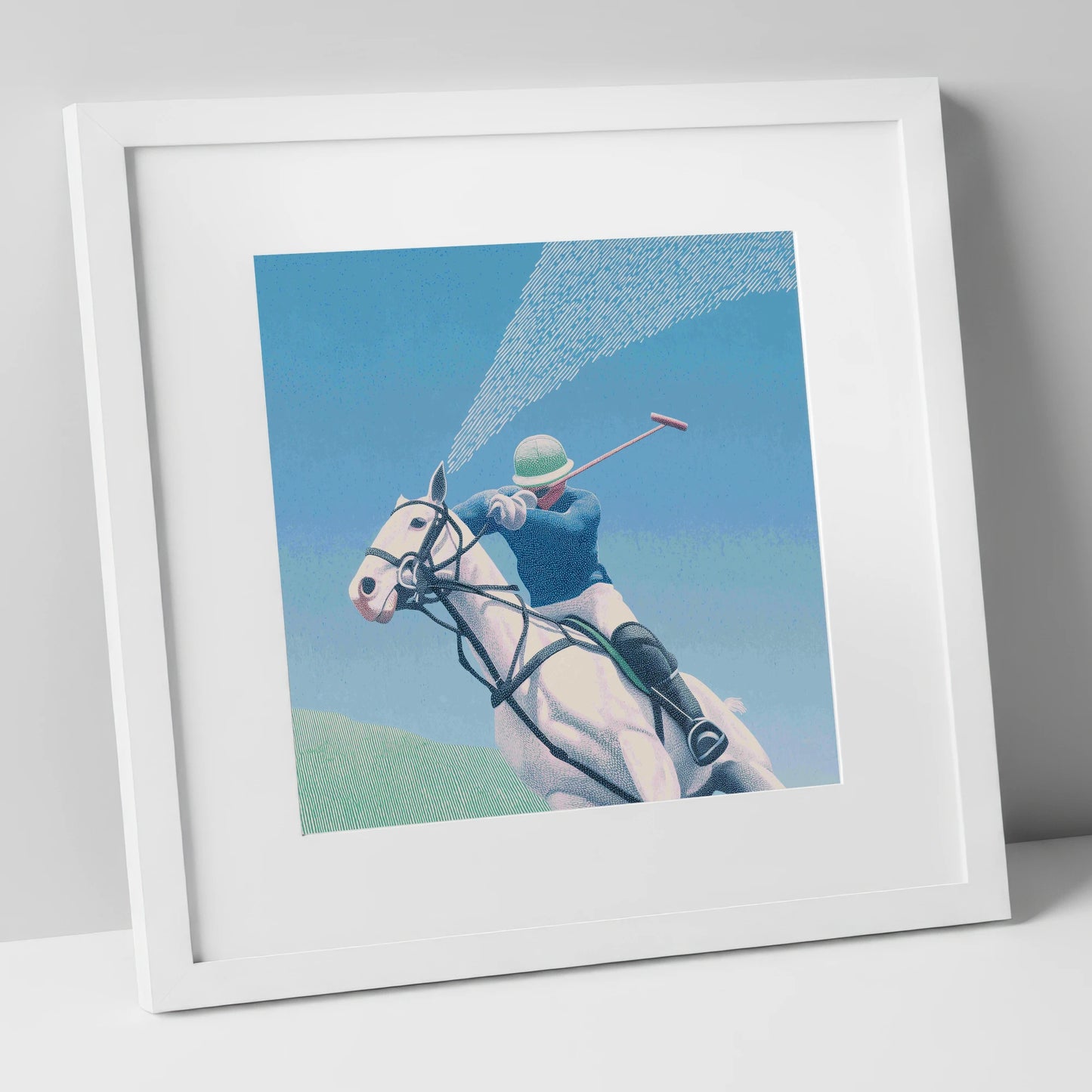 Skyward Swing polo horse art print in white frame