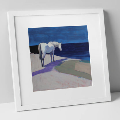 The Quiet Horizon horse landscape art print in white frame