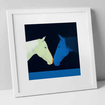 Midnight Connection horse portrait art print in white frame