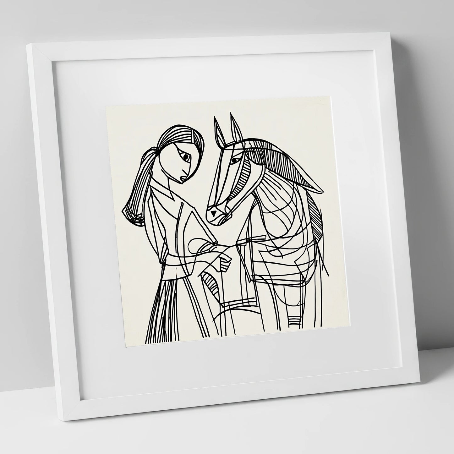 Lines of Connection horse & rider art print in white frame