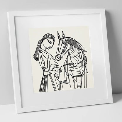 Lines of Connection horse & rider art print in white frame