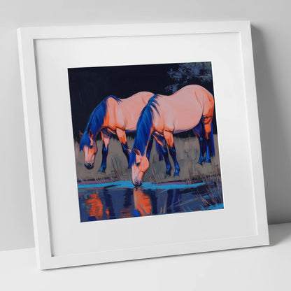 Indigo Waters horse landscape art print in white frame