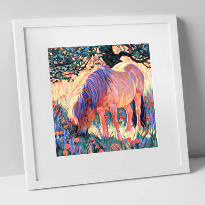 Vibrant Grazing Pony In Meadow horse breed art print in white frame