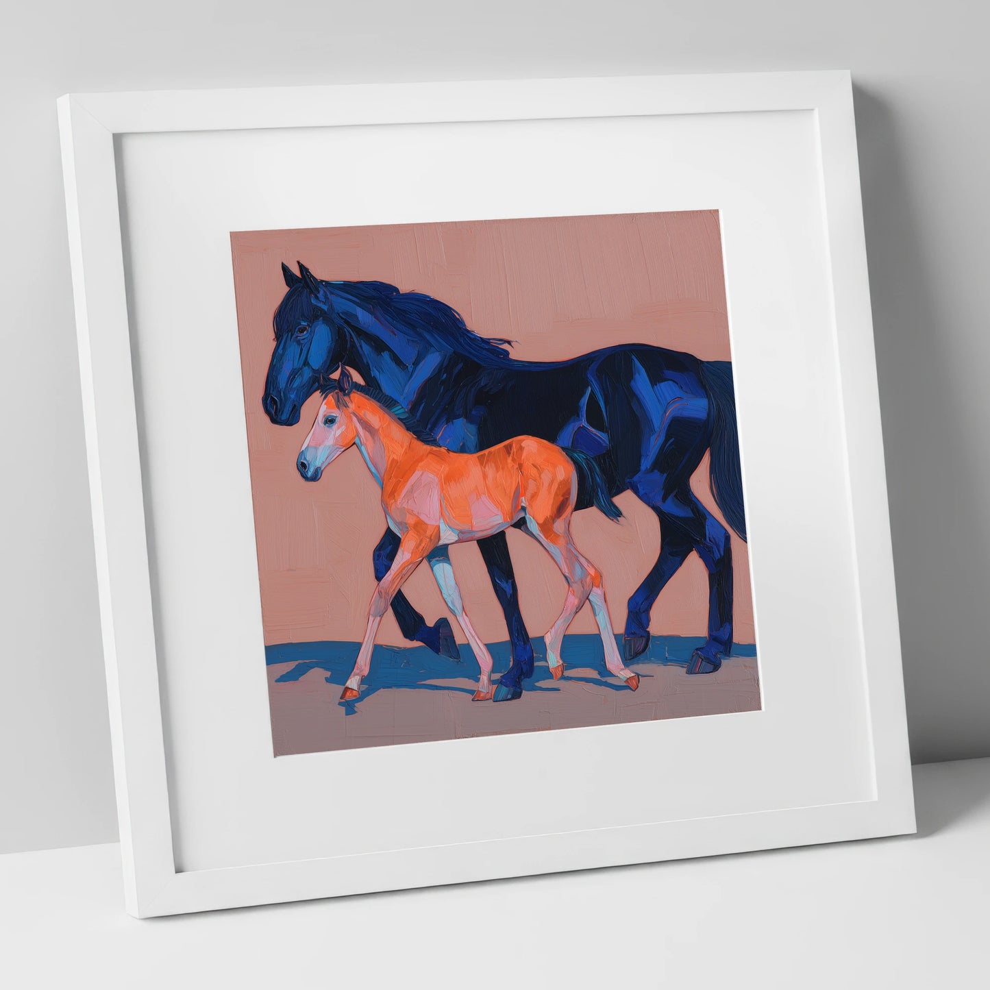 Cobalt and Coral mare & foal art print in white frame