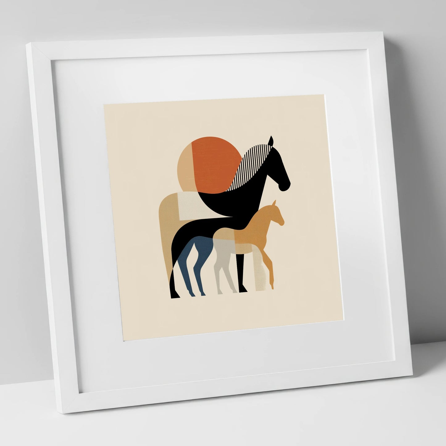 Geometric Equine Bond mare & foal art print in white frame