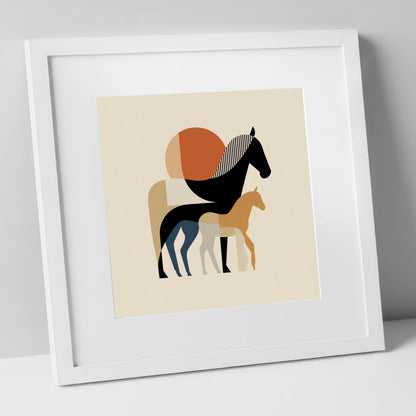 Geometric Equine Bond mare & foal art print in white frame