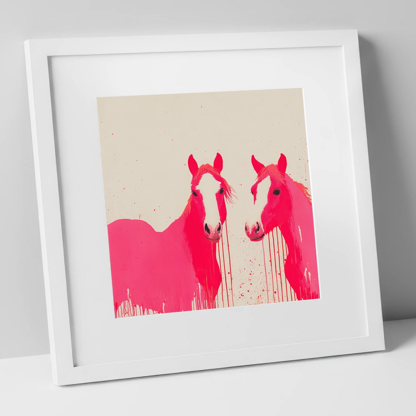 Vivid Pink Companions horse landscape art print in white frame