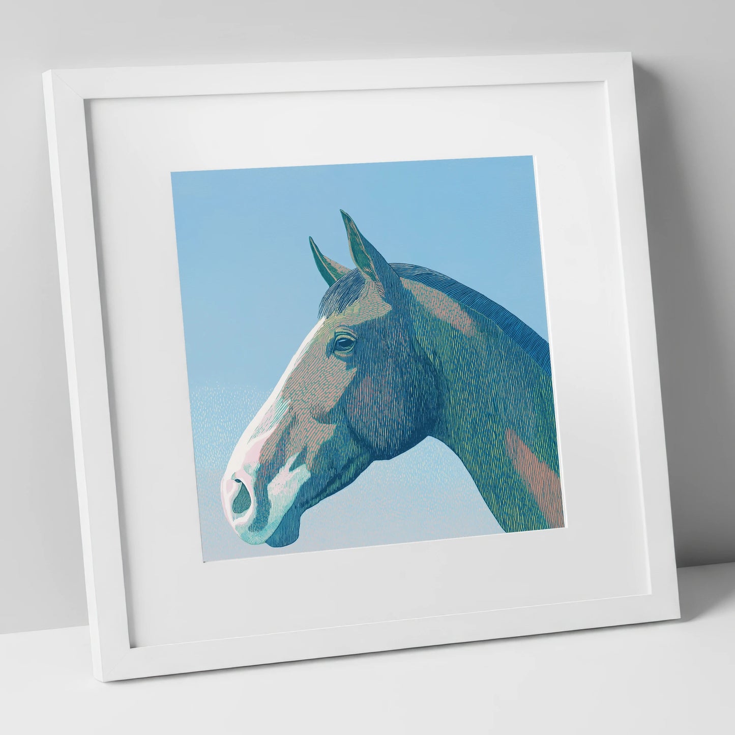 The Azure Profile horse portrait art print in white frame