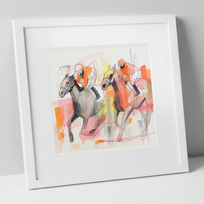 Vibrant Pursuit racing horse art print in white frame