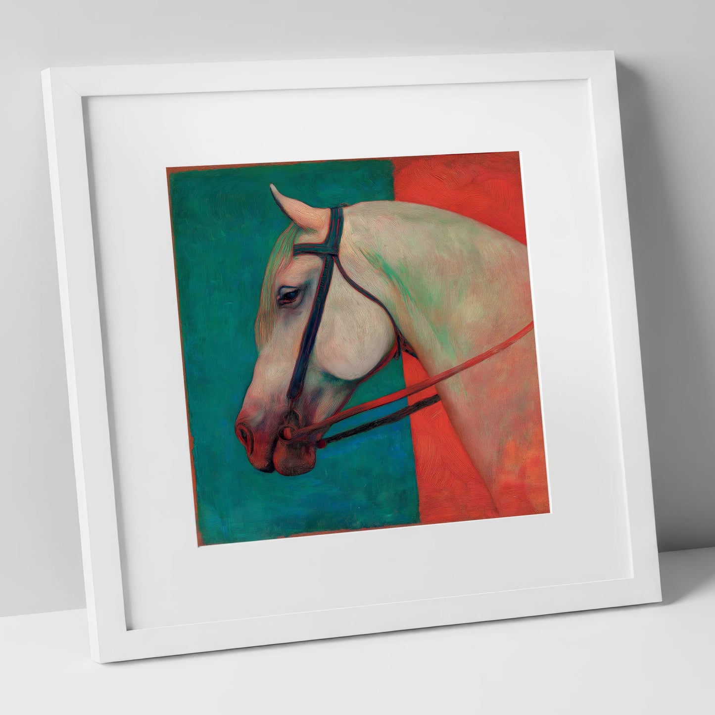 Crimson and Emerald Profile horse breed art print in white frame