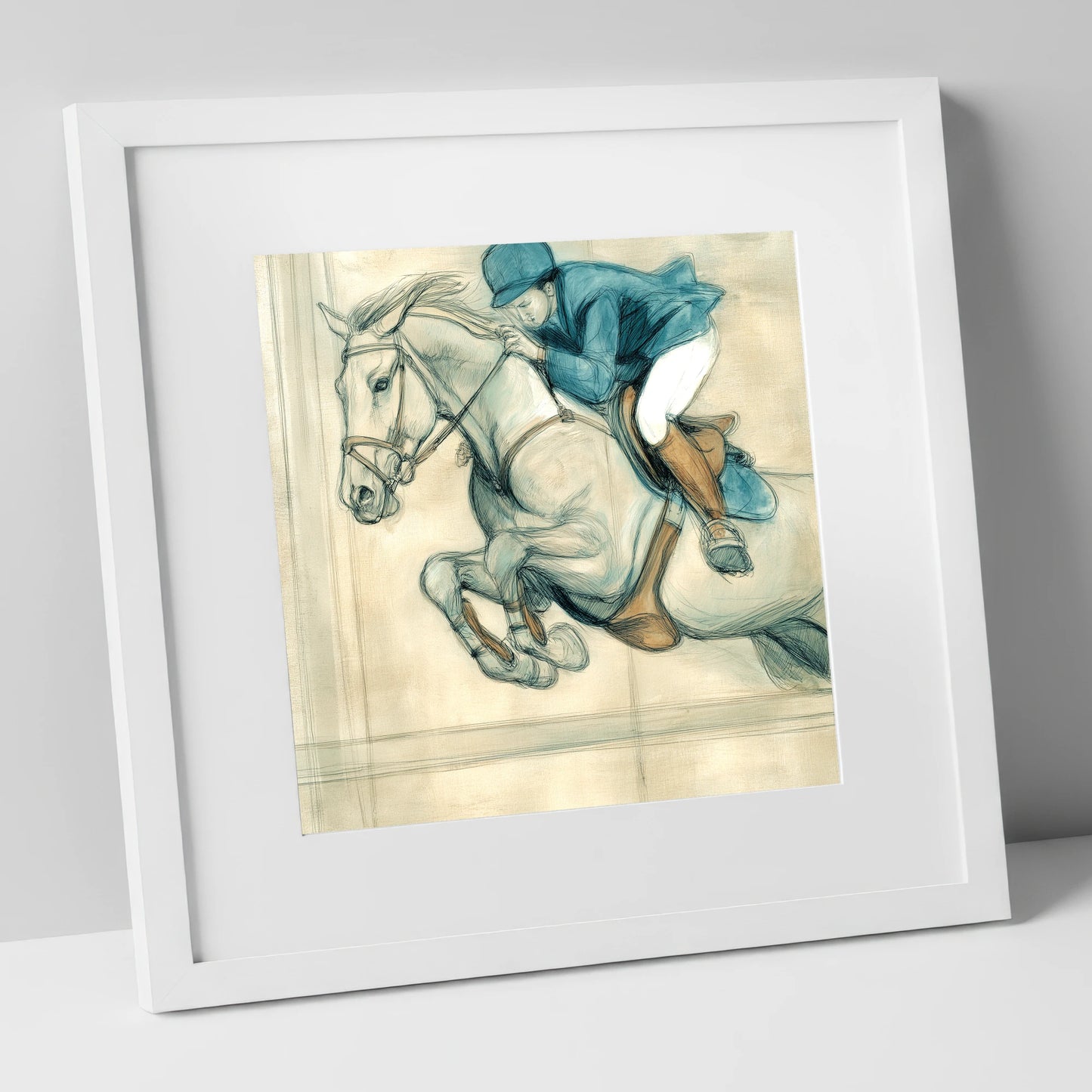 Suspended Flight show jumping horse art print in white frame