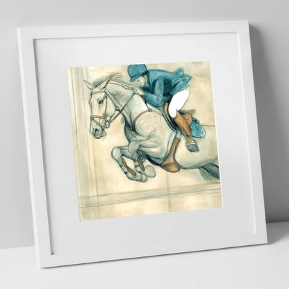 Suspended Flight show jumping horse art print in white frame