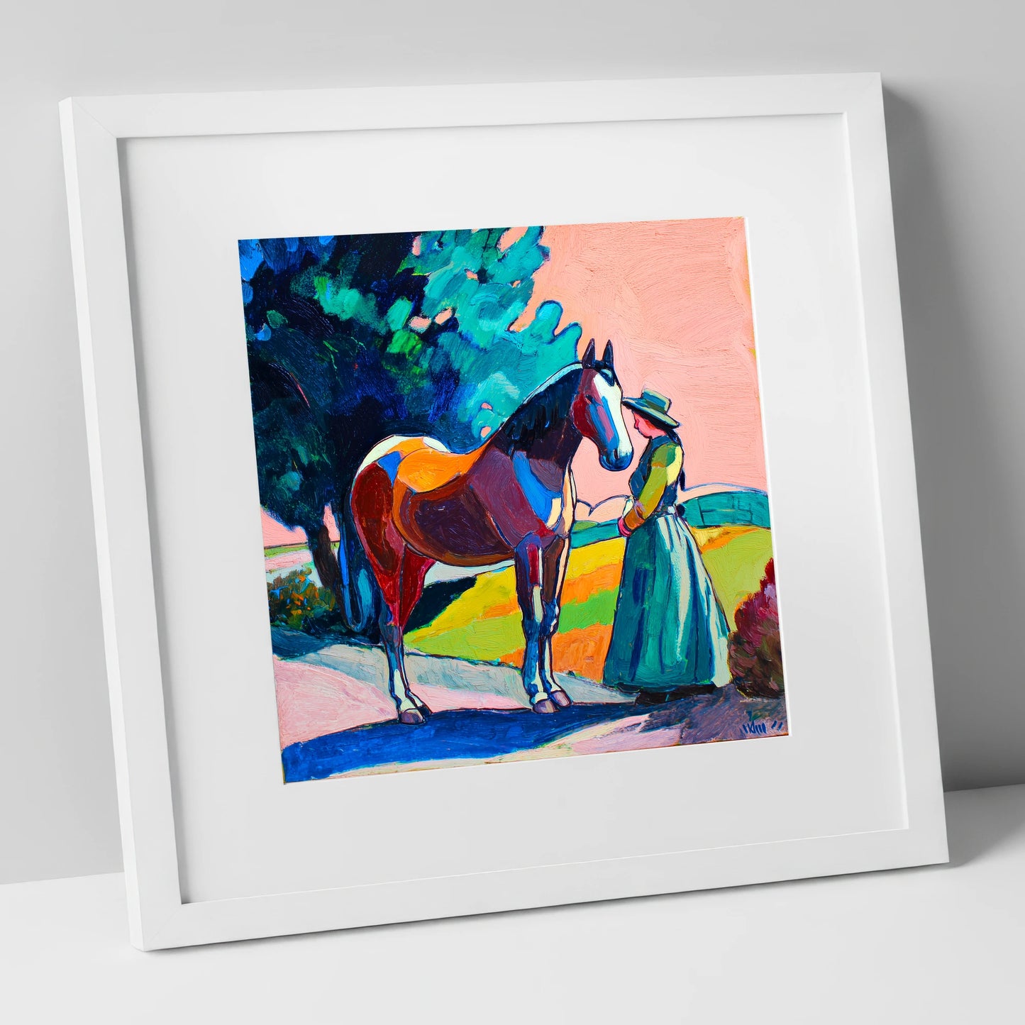 Painted Bond horse & rider art print in white frame