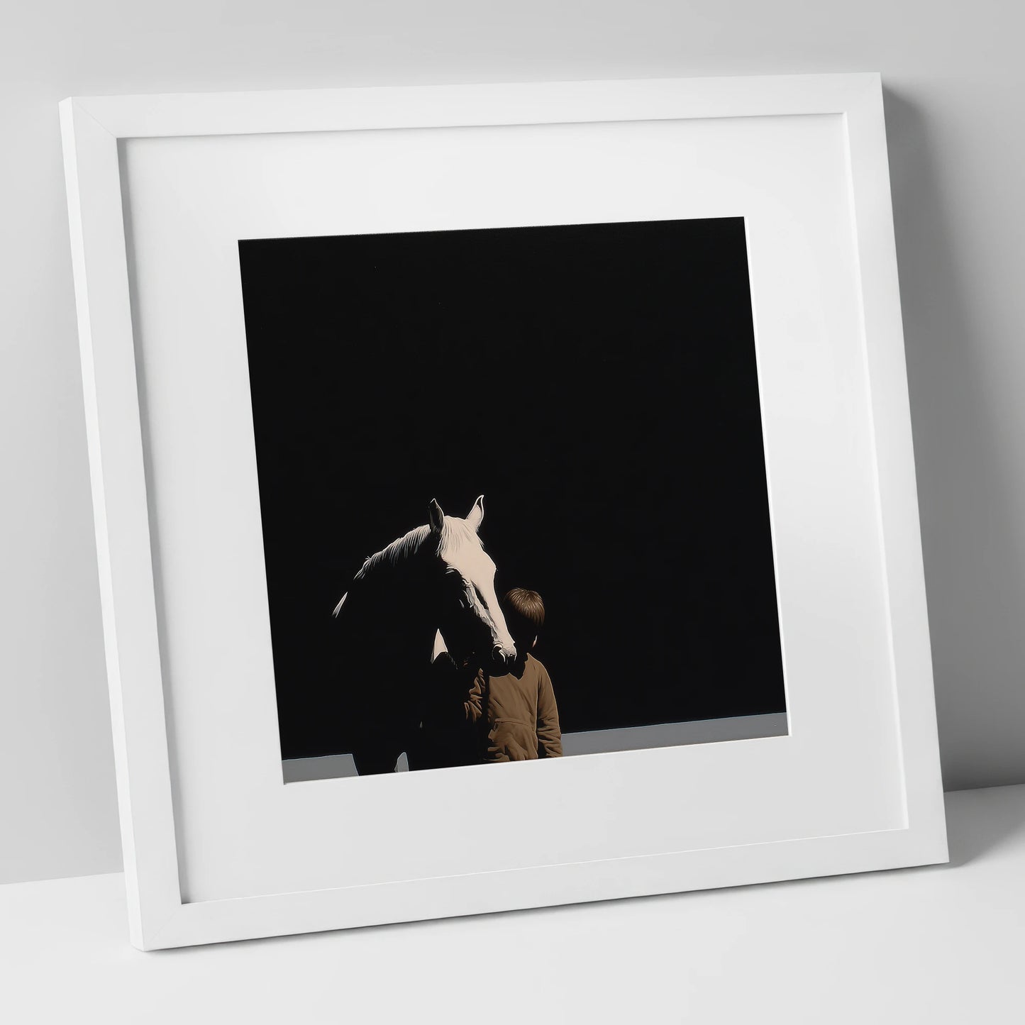 The Silent Bond horse & rider art print in white frame