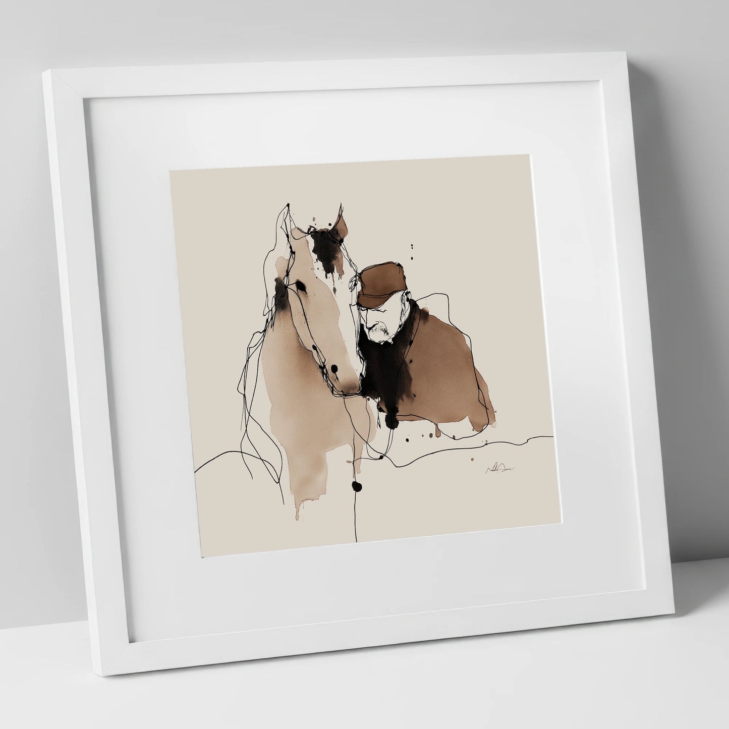 Silent Companions horse & rider art print in white frame
