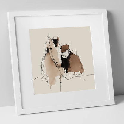 Silent Companions horse & rider art print in white frame