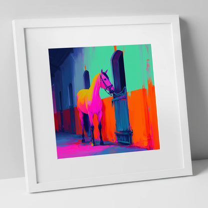 Neon Stable Companion horse stable art print in white frame