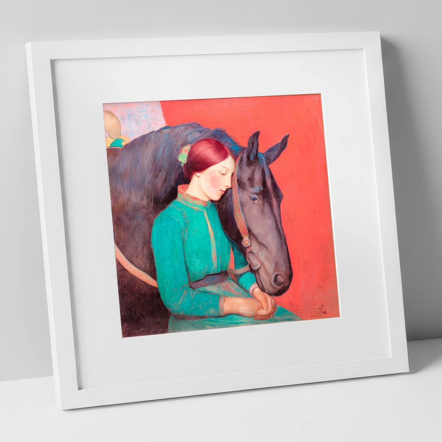 Silent Understanding horse & rider art print in white frame