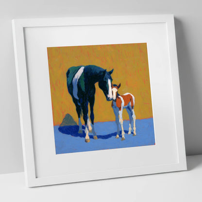 Sun-Drenched Devotion mare & foal art print in white frame