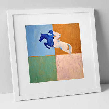 Abstract Cobalt Leap show jumping horse art print in white frame