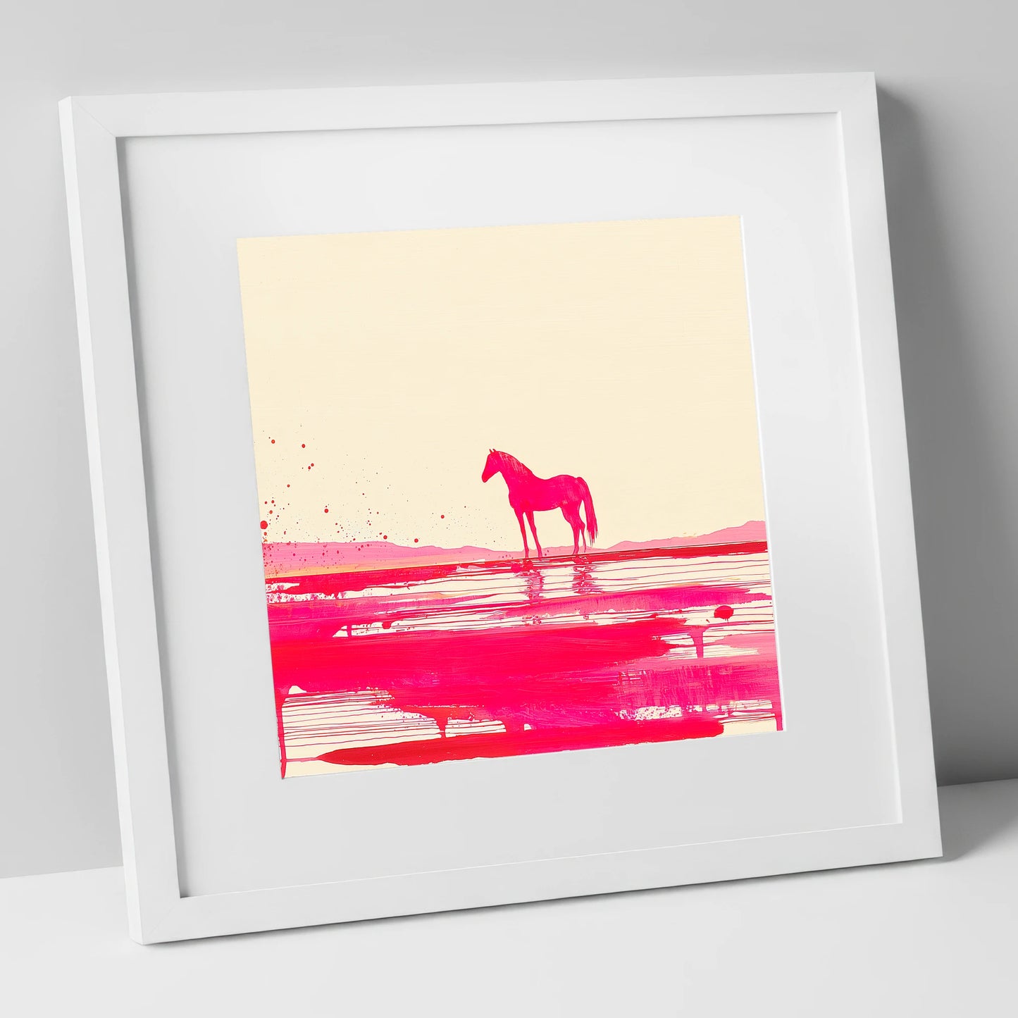 Magenta Horizon Reflection horse landscape art print in white frame