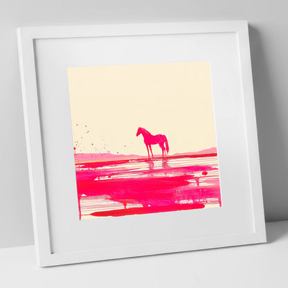 Magenta Horizon Reflection horse landscape art print in white frame