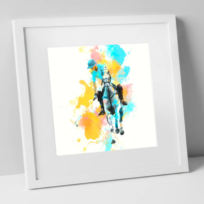 The Perfect Strike polo horse art print in white frame