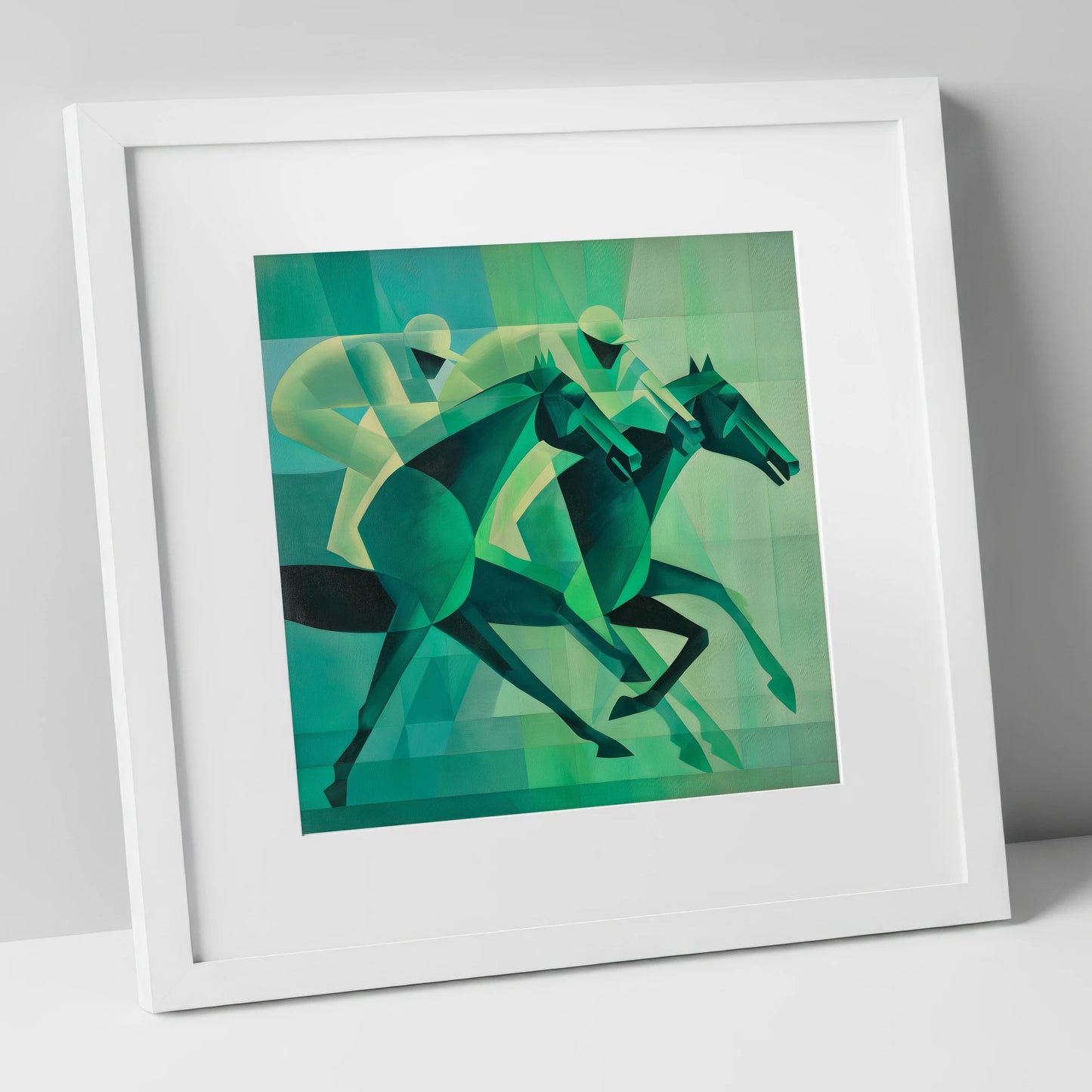 Emerald Racing Pace racing horse art print in white frame