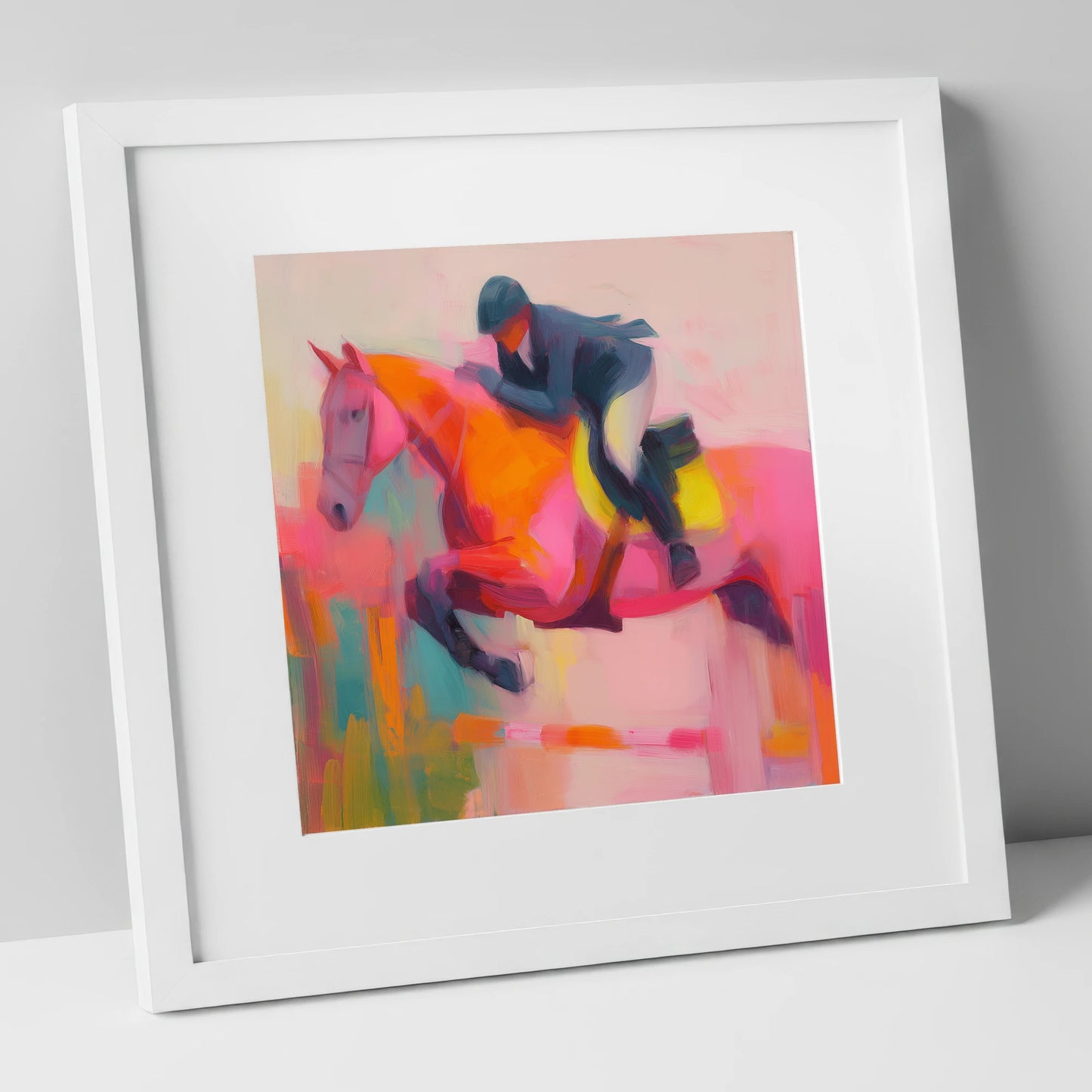 Flight in Vibrant Colour show jumping horse art print in white frame